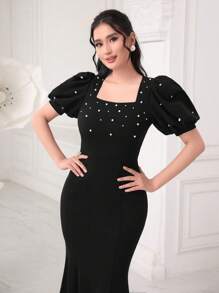 Modelyn Pearls Beaded Puff Sleeve Mermaid Hem Dress - Black - View 4