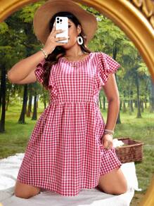 SHEIN VCAY Plus Gingham Print Ruffle Trim Dress - Red and White - View 3