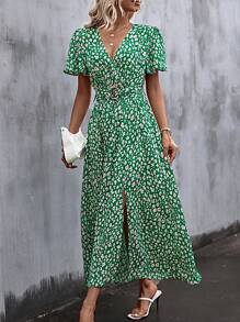 SHEIN Clasi 碎花蝴蝶袖高衩繫腰帶洋裝