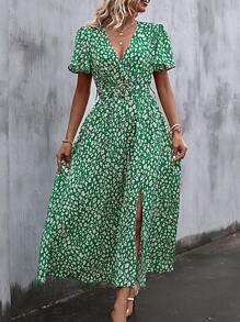 SHEIN Clasi 碎花蝴蝶袖高衩繫腰帶洋裝