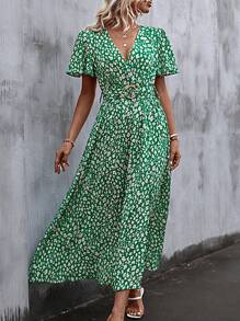 SHEIN Clasi 碎花蝴蝶袖高衩繫腰帶洋裝