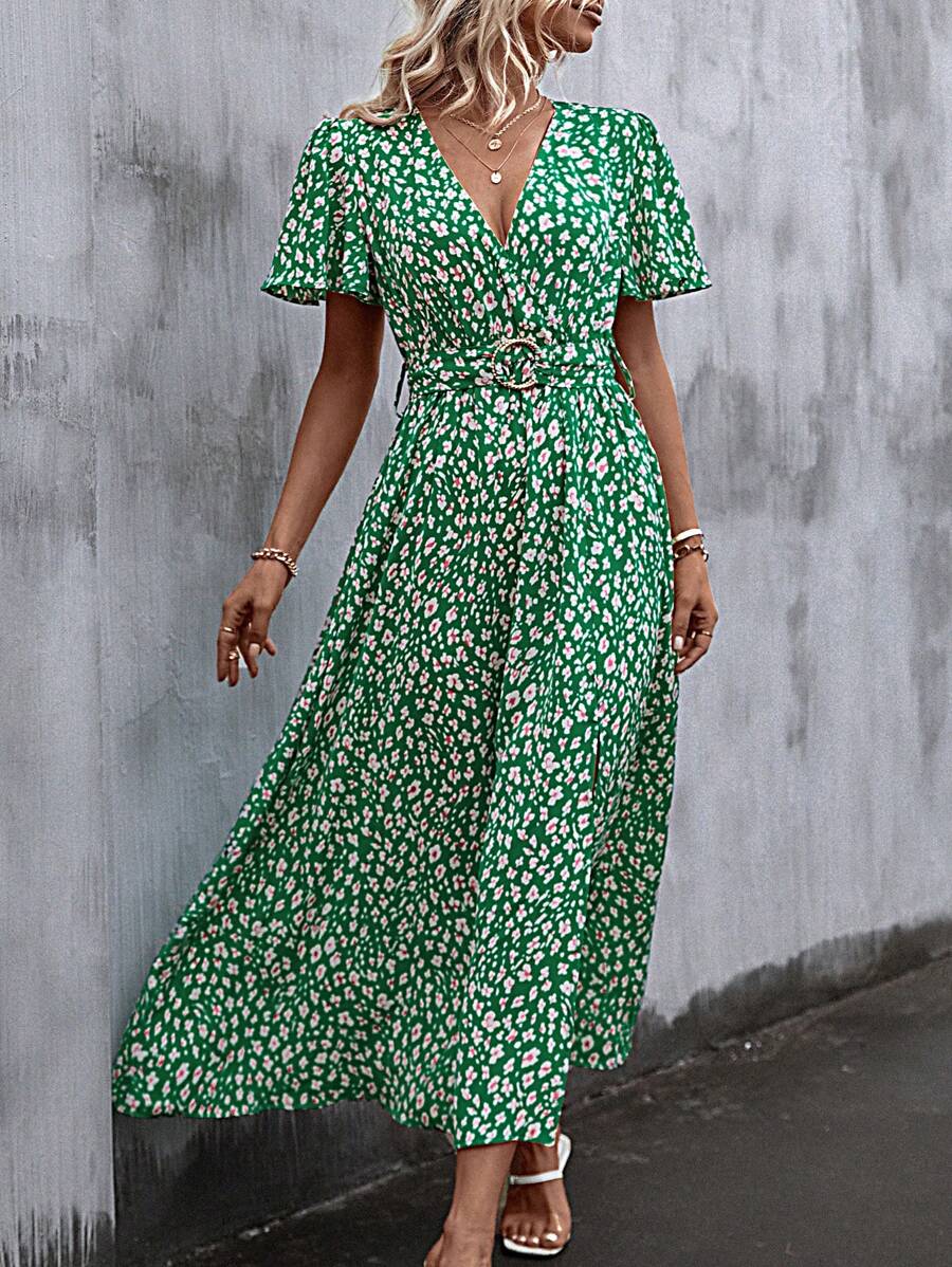 SHEIN Clasi 碎花蝴蝶袖高衩繫腰帶洋裝