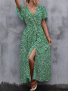 SHEIN Clasi 碎花蝴蝶袖高衩繫腰帶洋裝