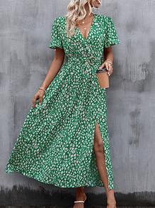 SHEIN Clasi 碎花蝴蝶袖高衩繫腰帶洋裝