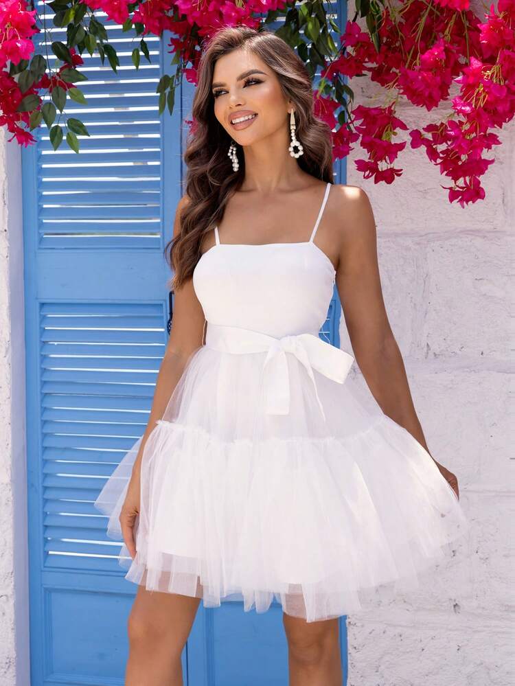 Joyfunear Mesh Hem Belted Cami Dress White Summer Elegant