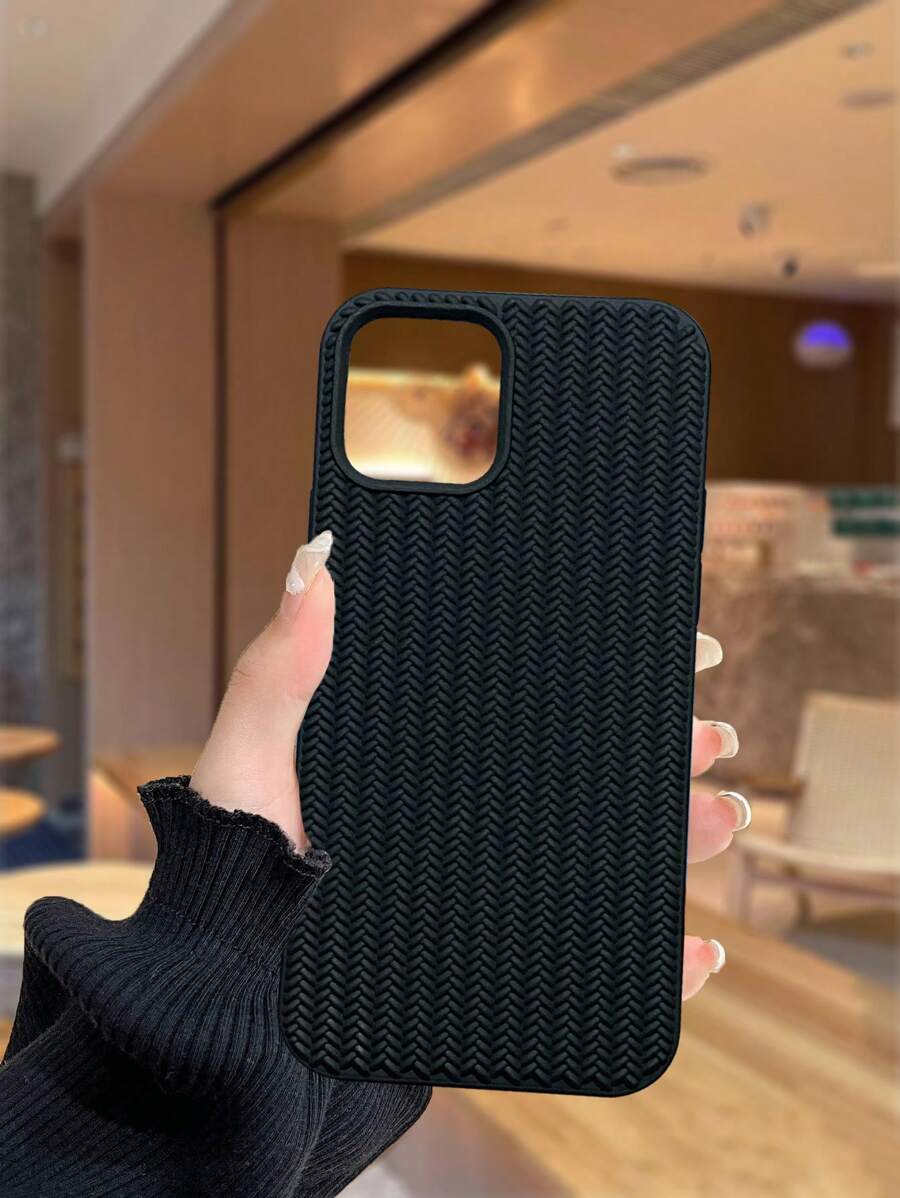 1pc Solid Color Soft TPU Knitted Pattern Phone Case, Compatible With IPhone 16 Series, Galaxy S20, S21, S22, S23, S24, S25 Series Waterproof Shockproof Anti-Fall Scratch Resistant - Black - View 1