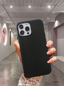 1pc Solid Color Soft TPU Knitted Pattern Phone Case, Compatible With IPhone 16 Series, Galaxy S20, S21, S22, S23, S24, S25 Series Waterproof Shockproof Anti-Fall Scratch Resistant - Black - View 2