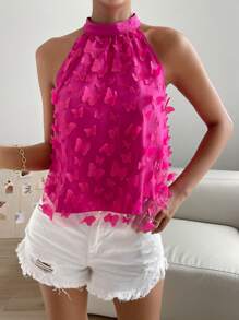 SHEIN Privé Áo sơ mi nữ Đề can Loại bướm Giải trí - Màu Hồng Tươi - Xem 2