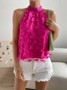 SHEIN Privé Áo sơ mi nữ Đề can Loại bướm Giải trí - Màu Hồng Tươi - Xem 5