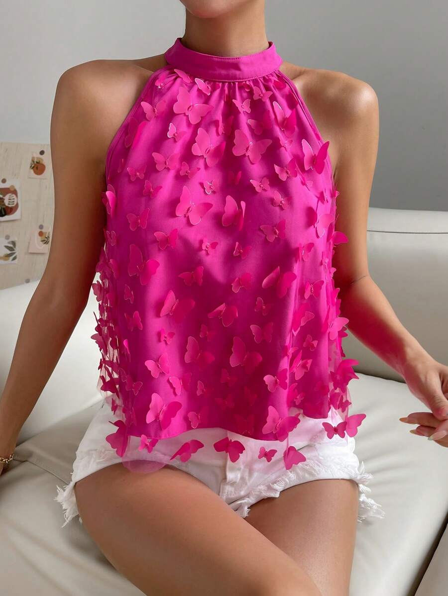 SHEIN Privé Áo sơ mi nữ Đề can Loại bướm Giải trí - Màu Hồng Tươi - Xem 1