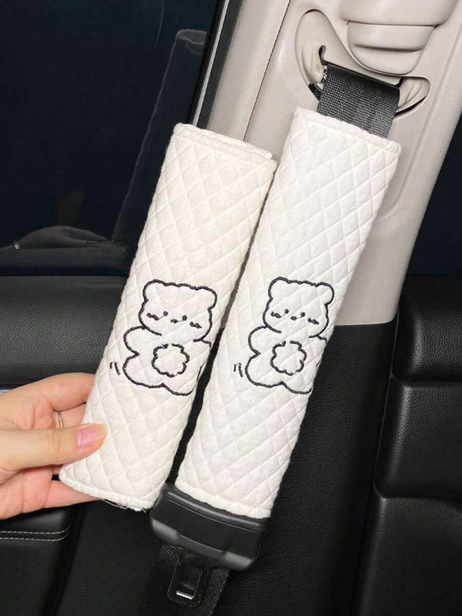 1pc Cartoon Bear Embroidered Car Seat Belt Cover - White - View 1