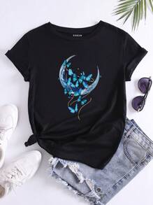 INAWLY 月亮和蝴蝶圖案T恤 - 黑色 - 查看 1