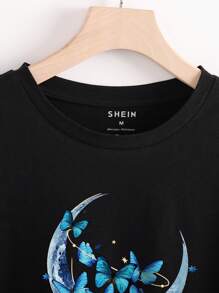 INAWLY 月亮和蝴蝶圖案T恤 - 黑色 - 查看 3