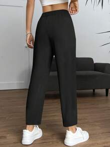 SHEIN PETITE Quần nữ Nút Dây kéo Uốn nếp màu trơn Giải trí - màu đen - Xem 2