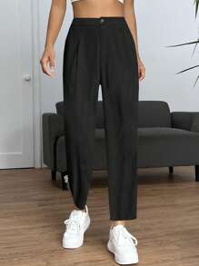 SHEIN PETITE Quần nữ Nút Dây kéo Uốn nếp màu trơn Giải trí - màu đen - Xem 4
