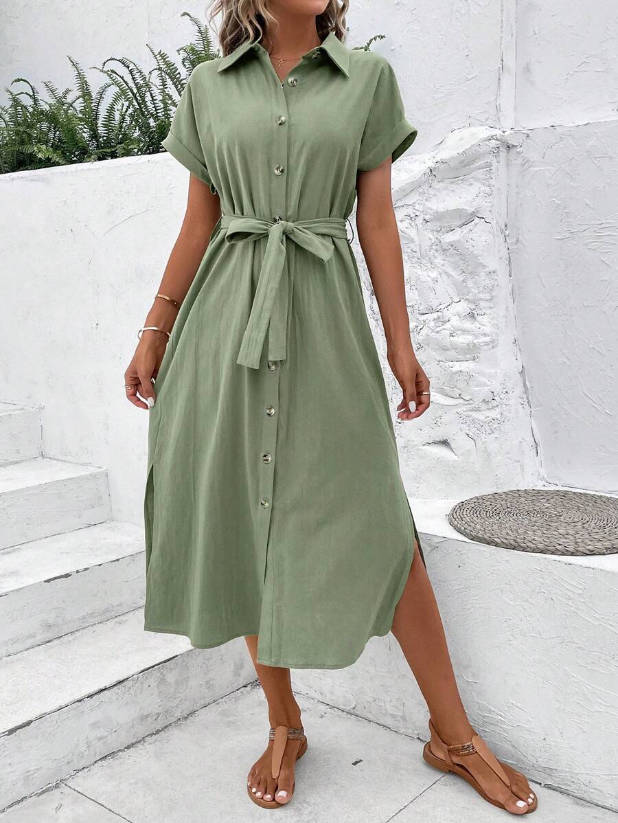 SHEIN VCAY 素色腰帶前紐扣高衩襯衫連衣裙 - 綠色 - 查看 1