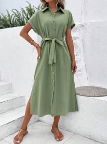 SHEIN VCAY 素色腰帶前紐扣高衩襯衫連衣裙 - 綠色 - 查看 4
