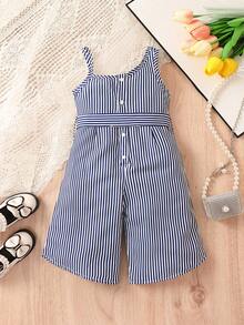 Baby Striped Print Asymmetrical Neck Belted Jumpsuit - Blue and White - View 2