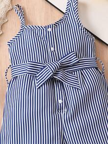 Baby Striped Print Asymmetrical Neck Belted Jumpsuit - Blue and White - View 4