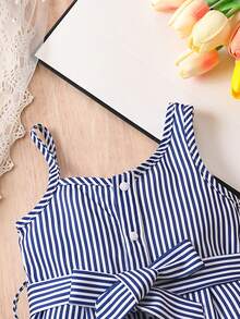 Baby Striped Print Asymmetrical Neck Belted Jumpsuit - Blue and White - View 5
