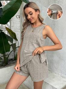 SHEIN Maternity Rib-knit Split Hem Tank Top & Adjustable Waist Shorts - Khaki - View 1