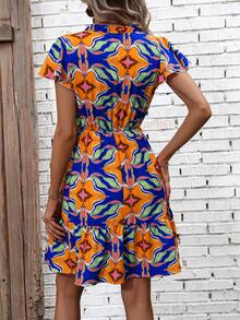 SHEIN VCAY Allover Print Tie Neck Ruffle Hem Dress - Multicolor - View 3