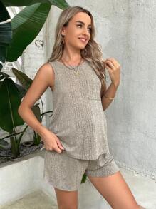 SHEIN Maternity Rib-knit Split Hem Tank Top & Adjustable Waist Shorts - Khaki - View 6