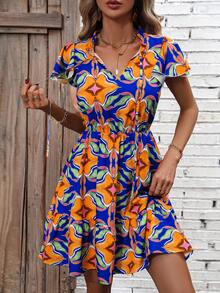 SHEIN VCAY Allover Print Tie Neck Ruffle Hem Dress - Multicolor - View 5