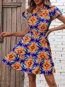 SHEIN VCAY Allover Print Tie Neck Ruffle Hem Dress - Multicolor - View 6