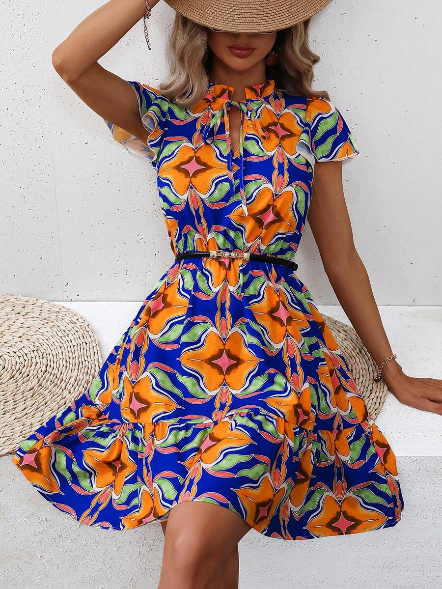 SHEIN VCAY Allover Print Tie Neck Ruffle Hem Dress - Multicolor - View 1
