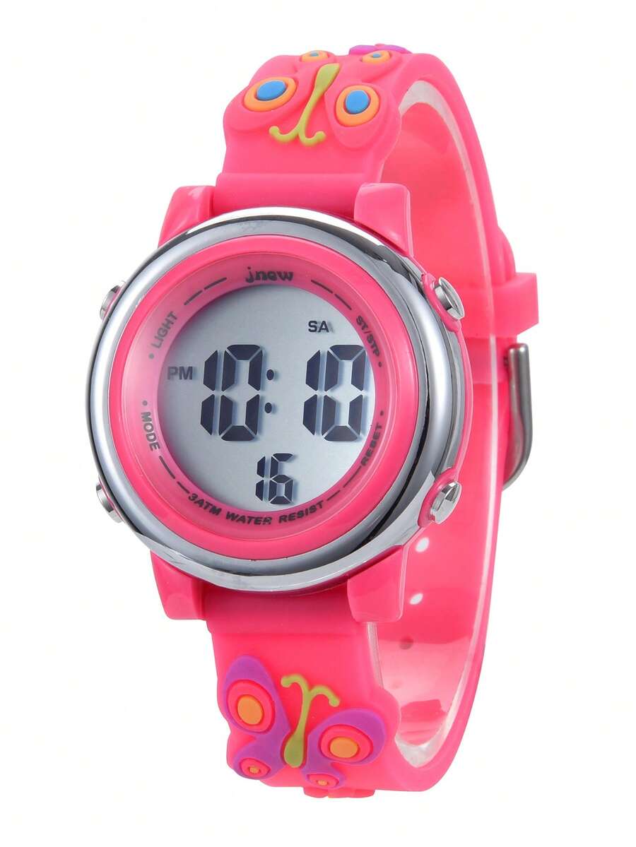 JNEW 1pc Kids Butterfly & Flower Decor PVC Strap Water Resistant Cute Round Dial Digital Watch For Daily Life - Hot Pink - View 1