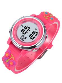 JNEW 1pc Kids Butterfly & Flower Decor PVC Strap Water Resistant Cute Round Dial Digital Watch For Daily Life - Hot Pink - View 2