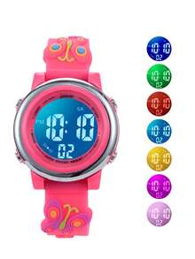 JNEW 1pc Kids Butterfly & Flower Decor PVC Strap Water Resistant Cute Round Dial Digital Watch For Daily Life - Hot Pink - View 3