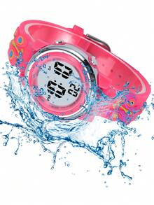 JNEW 1pc Kids Butterfly & Flower Decor PVC Strap Water Resistant Cute Round Dial Digital Watch For Daily Life - Hot Pink - View 4