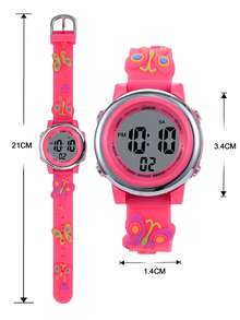 JNEW 1pc Kids Butterfly & Flower Decor PVC Strap Water Resistant Cute Round Dial Digital Watch For Daily Life - Hot Pink - View 5