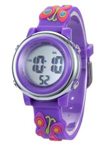 JNEW 1pc Kids Butterfly & Flower Decor PVC Strap Water Resistant Cute Round Dial Digital Watch For Daily Life - Purple - View 1