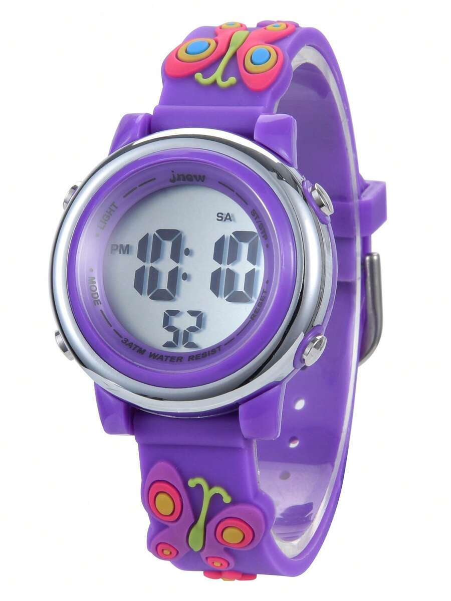 JNEW 1pc Kids Butterfly & Flower Decor PVC Strap Water Resistant Cute Round Dial Digital Watch For Daily Life - Purple - View 1