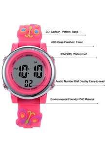 JNEW 1pc Kids Butterfly & Flower Decor PVC Strap Water Resistant Cute Round Dial Digital Watch For Daily Life - Hot Pink - View 6
