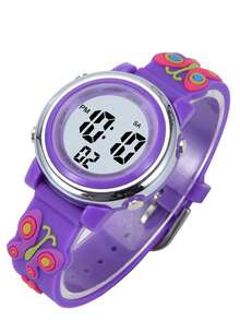 JNEW 1pc Kids Butterfly & Flower Decor PVC Strap Water Resistant Cute Round Dial Digital Watch For Daily Life - Purple - View 2