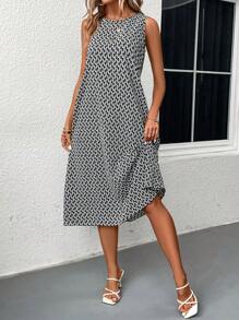 SHEIN LUNE Single-Sided Printed Sleeveless Dress - Black and White - View 1