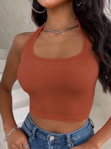 SHEIN Essnce Solid Crop Halter Top - Burnt Orange - View 1