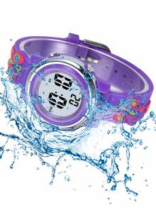 JNEW 1pc Kids Butterfly & Flower Decor PVC Strap Water Resistant Cute Round Dial Digital Watch For Daily Life - Purple - View 3