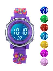 JNEW 1pc Kids Butterfly & Flower Decor PVC Strap Water Resistant Cute Round Dial Digital Watch For Daily Life - Purple - View 4
