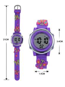 JNEW 1pc Kids Butterfly & Flower Decor PVC Strap Water Resistant Cute Round Dial Digital Watch For Daily Life - Purple - View 5