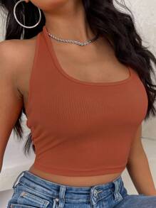 SHEIN Essnce Solid Crop Halter Top - Burnt Orange - View 3