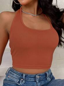 SHEIN Essnce Solid Crop Halter Top - Burnt Orange - View 5