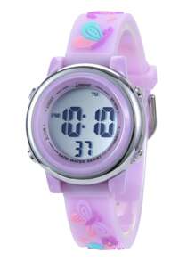JNEW 1pc Kids Butterfly & Flower Decor PVC Strap Water Resistant Cute Round Dial Digital Watch For Daily Life - Purple - View 1