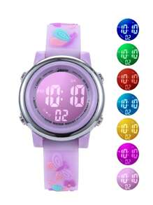 JNEW 1pc Kids Butterfly & Flower Decor PVC Strap Water Resistant Cute Round Dial Digital Watch For Daily Life - Purple - View 4