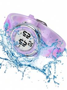 JNEW 1pc Kids Butterfly & Flower Decor PVC Strap Water Resistant Cute Round Dial Digital Watch For Daily Life - Purple - View 6