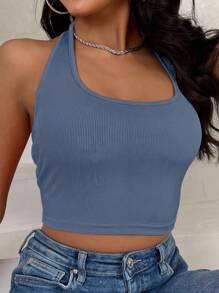 INAWLY Solid Ribbed Knit Crop Halter Top - Dusty Blue - View 4